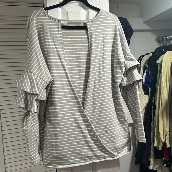 She + Sky Gray and white stripped shirt with ruffles - Picture 2 of 8